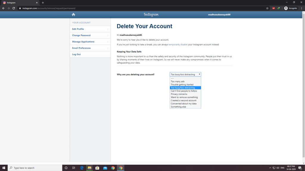 how to delete Instagram account permanently