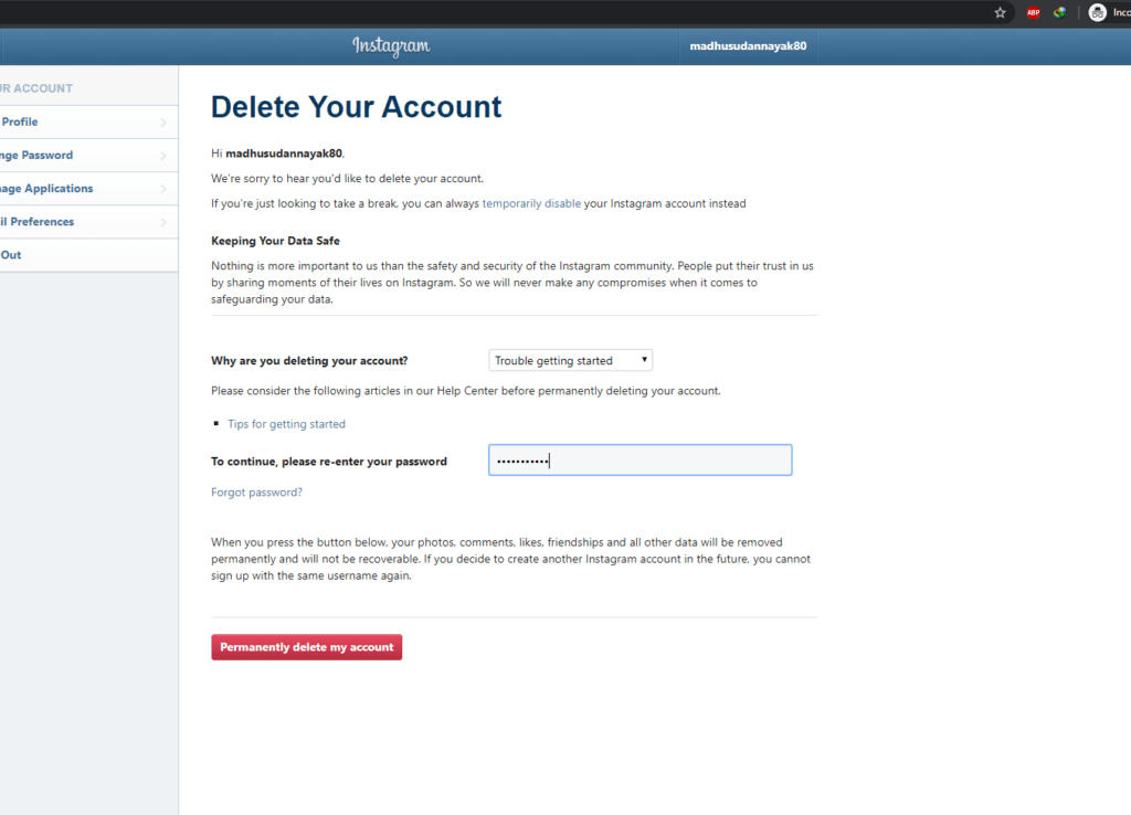 how to delete Instagram account permanently